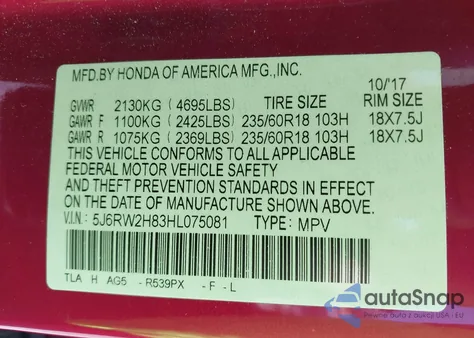 2017 Honda Cr-V Ex-L/Ex-L Navi из США, поврежденный, VIN 5J6RW2H83HL075081